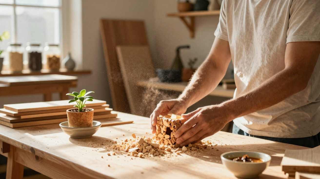 Person crushing a ceramic pot on a wooden table in a sunlit craft workshop with a potted plant nearby.