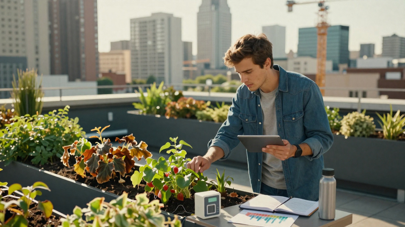 Young man tending plants on an urban rooftop garden with city buildings in the background.