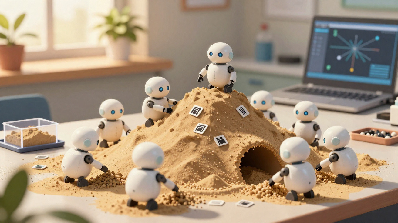 Small white robots playing with sand and cubes around a sand mound on an office desk with a laptop in the background