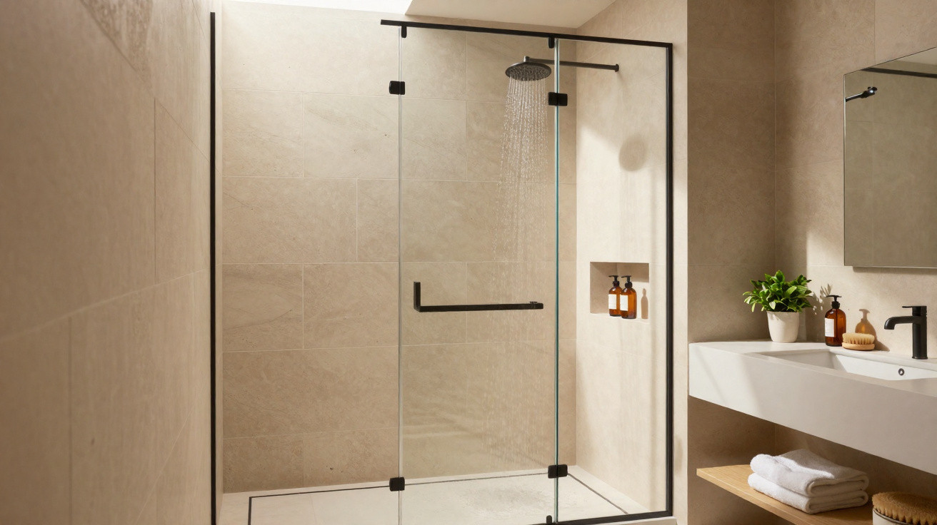 Modern bathroom with a walk-in glass shower, beige tiles, white sink, green plant, and neatly folded towels.