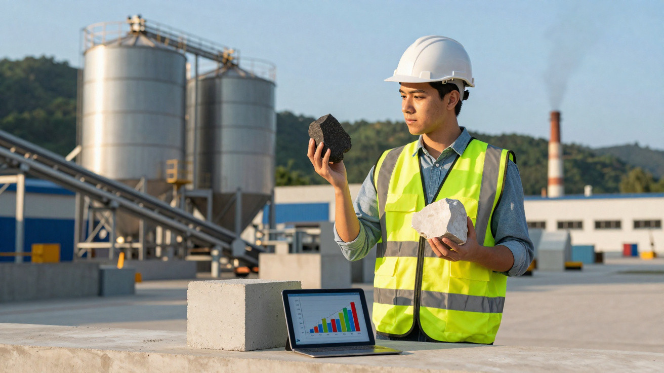 Engineer in safety gear comparing two construction materials near industrial silos and a laptop with a bar graph.