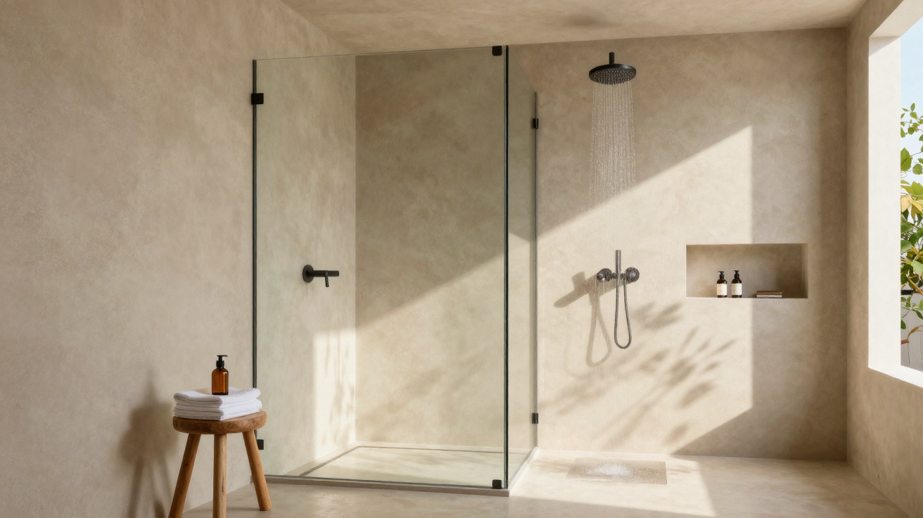 Minimalist beige bathroom with walk-in glass shower, rain showerhead, wooden stool, and natural light.