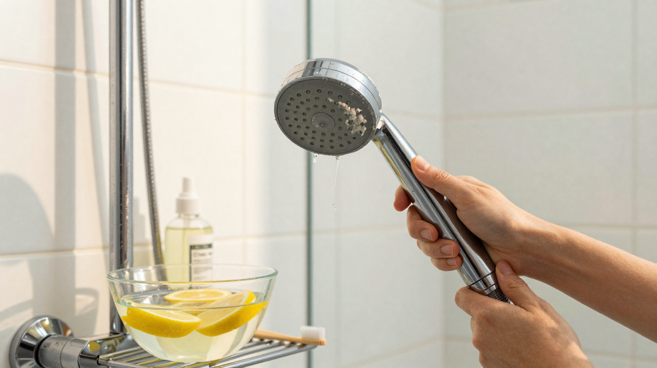 Hands holding a detachable showerhead dripping water above a bowl of lemon slices in a bathroom.