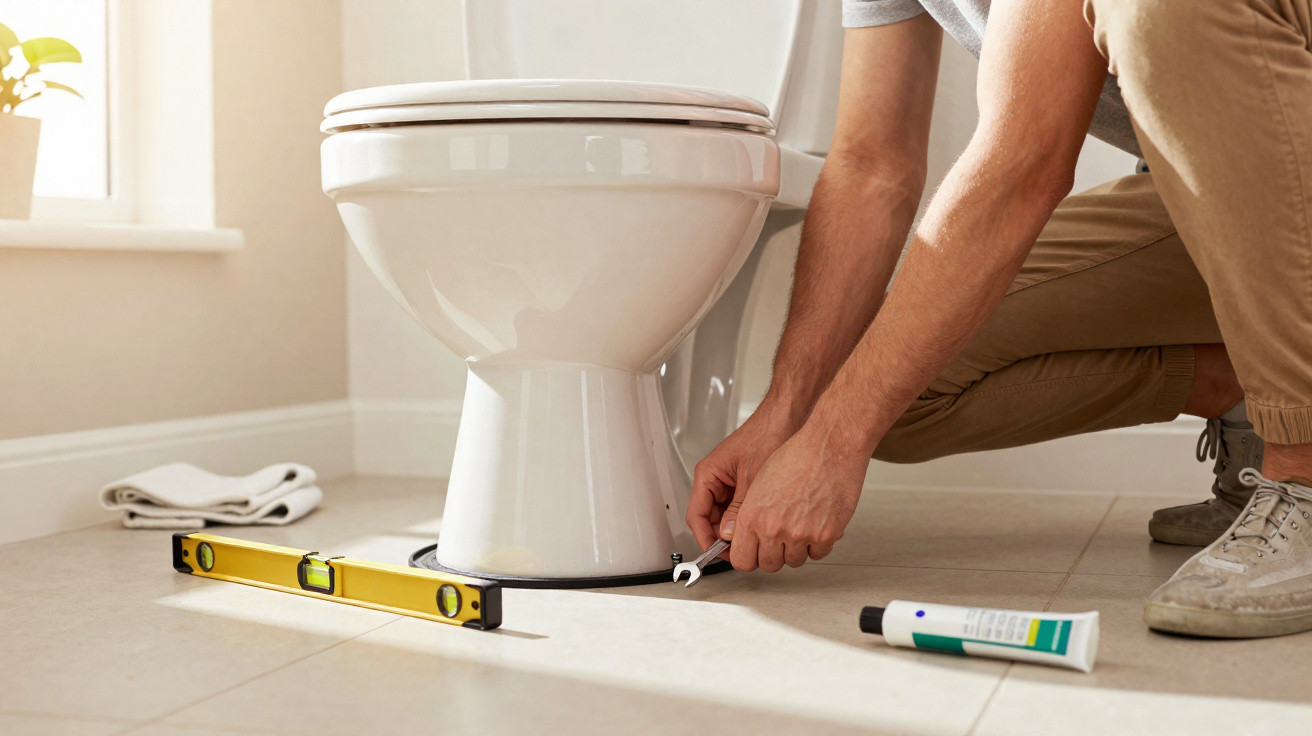 Person fixing a toilet on a tiled bathroom floor using a wrench and a spirit level nearby.