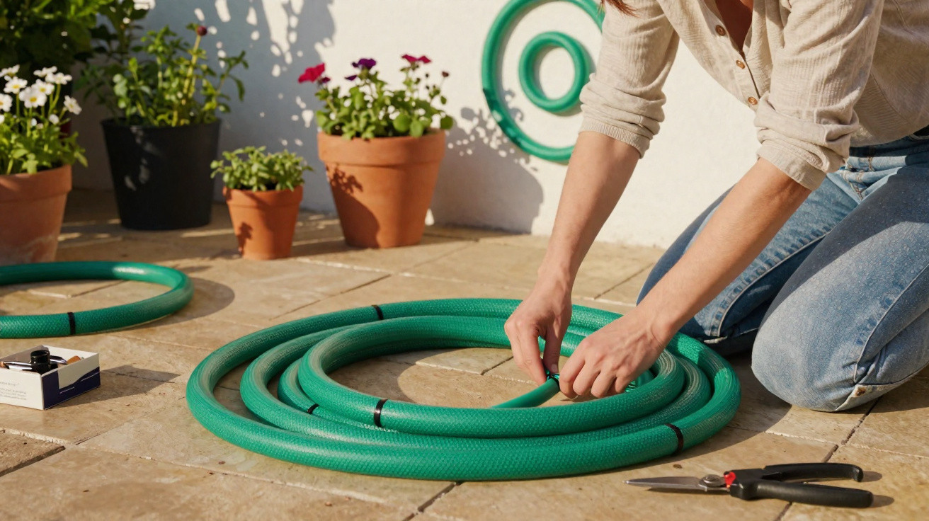 Person kneeling on a patio securing a green garden hose, with flower pots and gardening tools nearby.