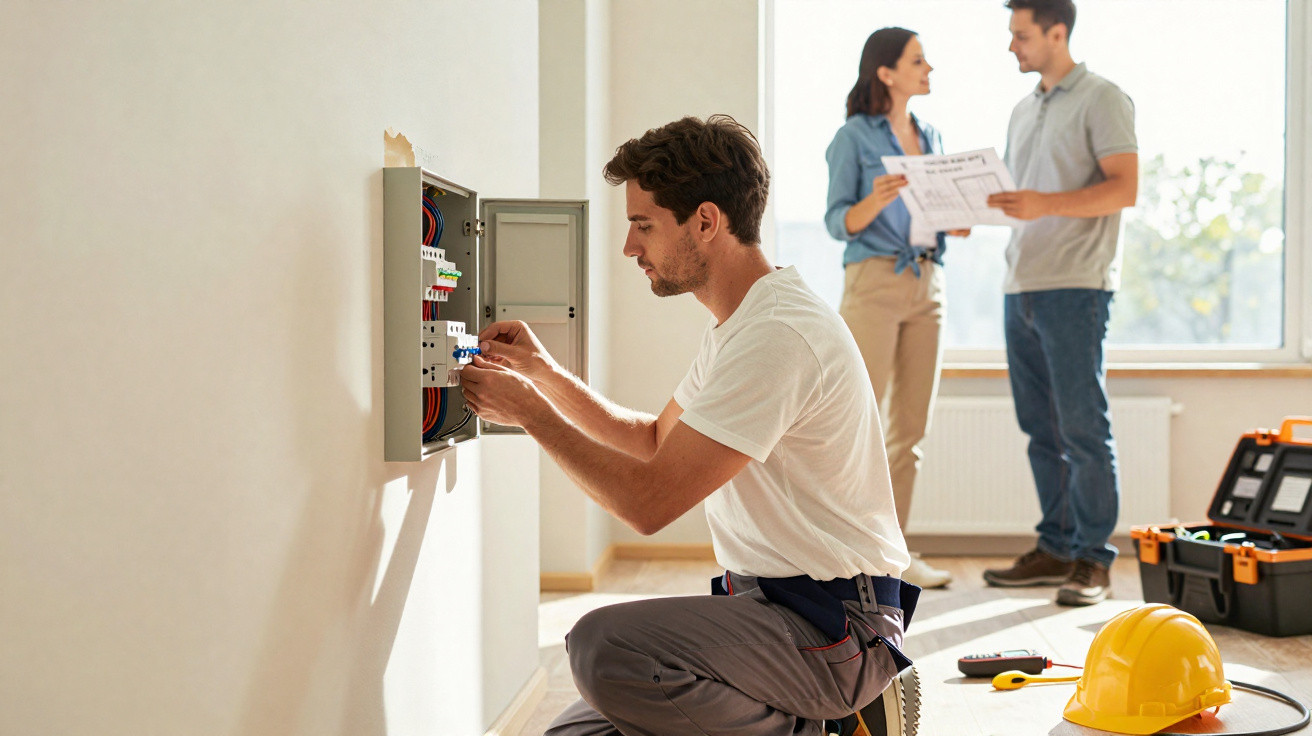 Electrician adjusting circuit breakers while couple reviews plans in a bright room with tools nearby.