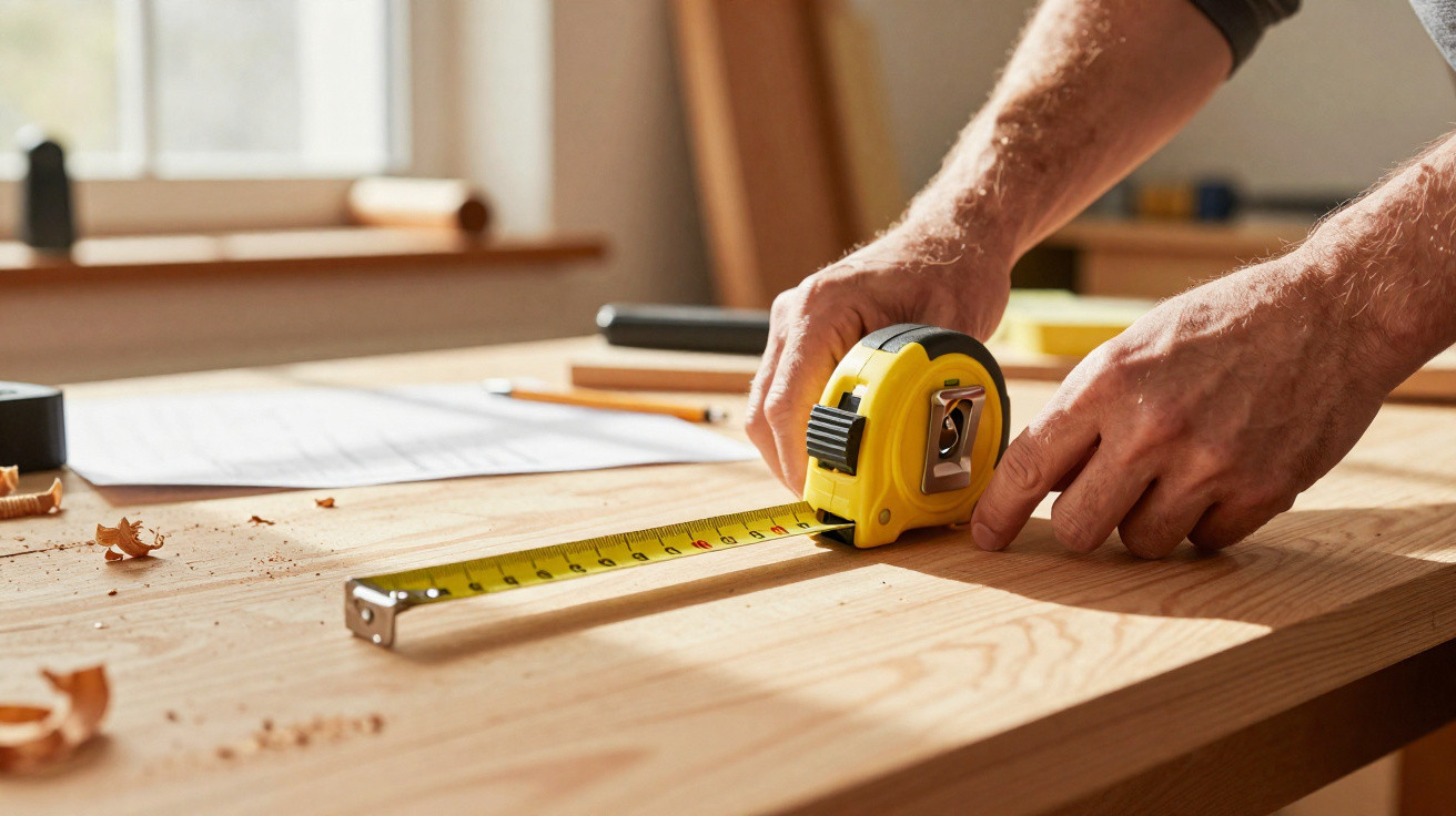 Hands measuring a wooden board with a yellow tape measure on a sunlit workbench in a workshop.