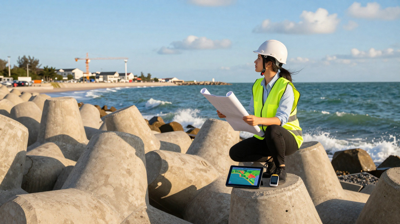 Engineer in a hard hat and hi-vis vest examining plans on sea defences with a tablet showing a coastal map.