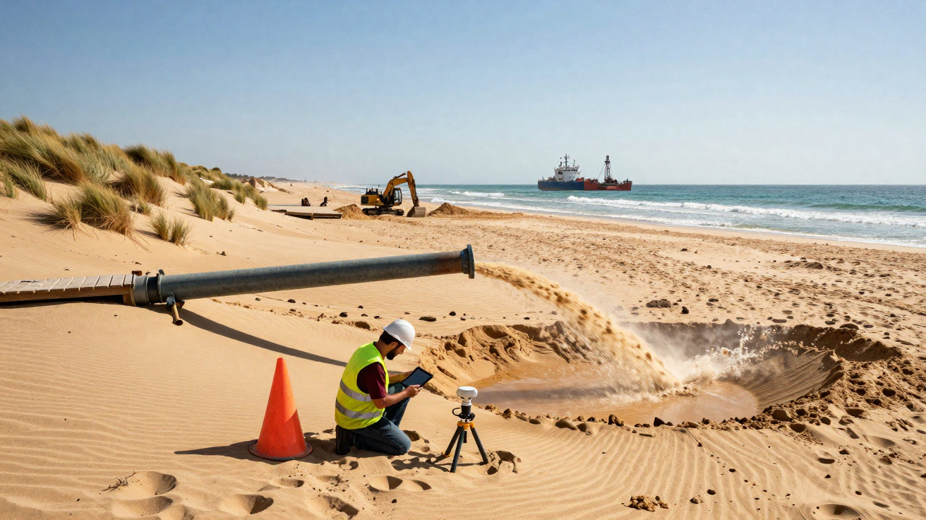 Worker in safety gear monitors sand flow from a large pipe onto a beach near the sea with ships in the distance.