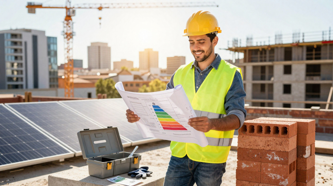Construction worker in a yellow helmet and vest reviewing blueprints on a solar panel installation site.