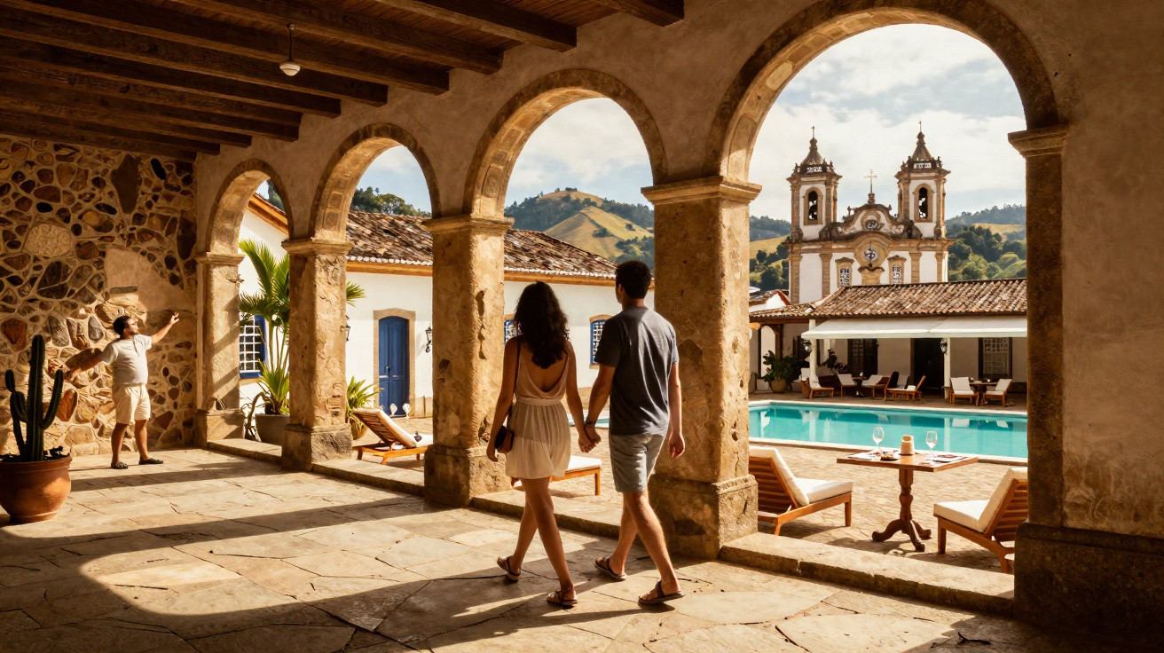 Couple walking under stone arches by pool with church and hills in background on a sunny day.