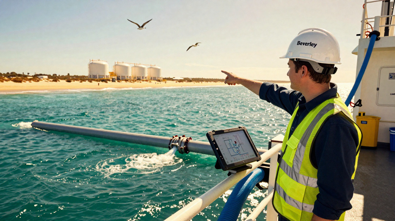 Worker in hard hat and high-visibility vest pointing towards shore with industrial tanks, standing on boat deck with control 