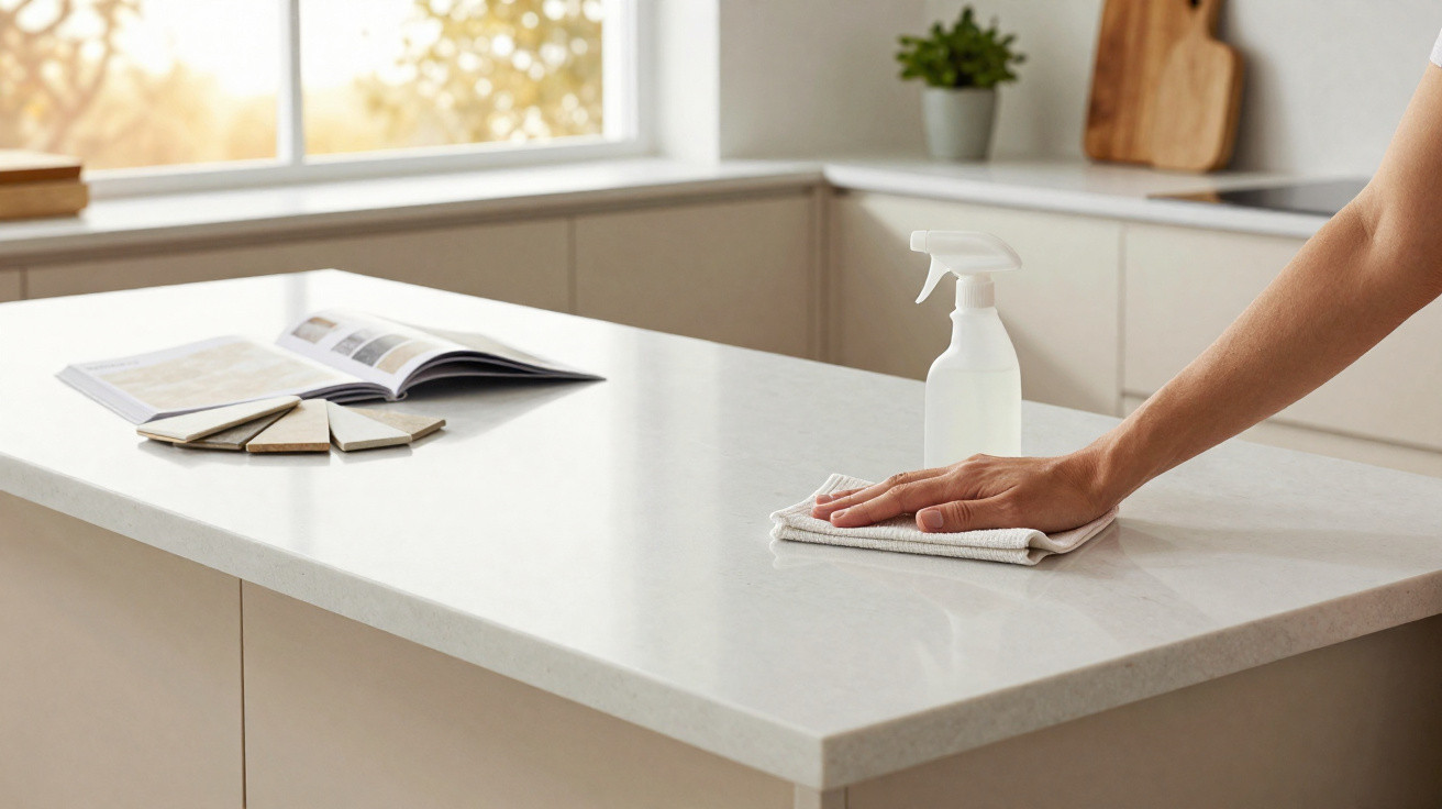 Person cleaning a white kitchen countertop with a cloth and spray bottle, with colour samples and open book nearby.