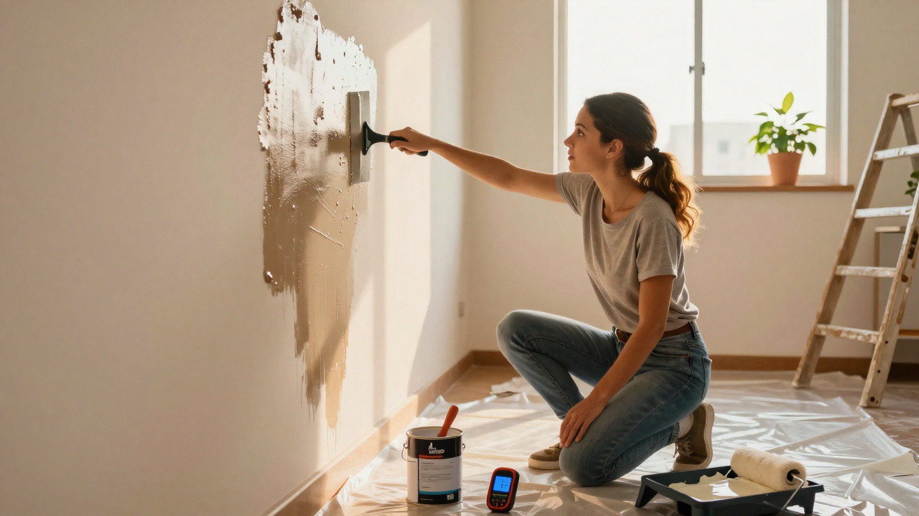 Woman kneeling on floor applying plaster to wall in sunlit room with painting supplies nearby