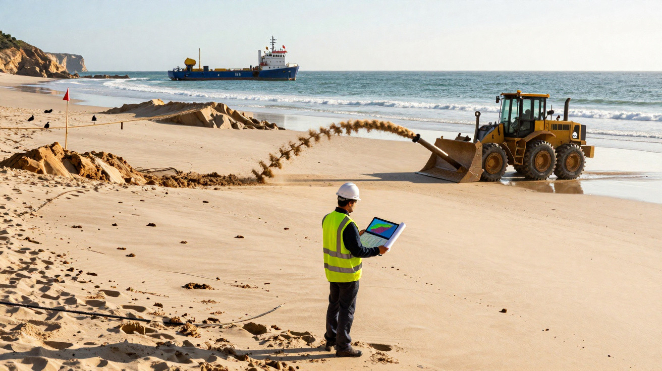 Construction worker with hard hat and vest holding a tablet on a beach near a bulldozer moving sand.