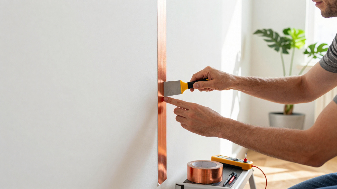 Person applying copper tape to a white wall near a window in a bright room with a plant in the background.