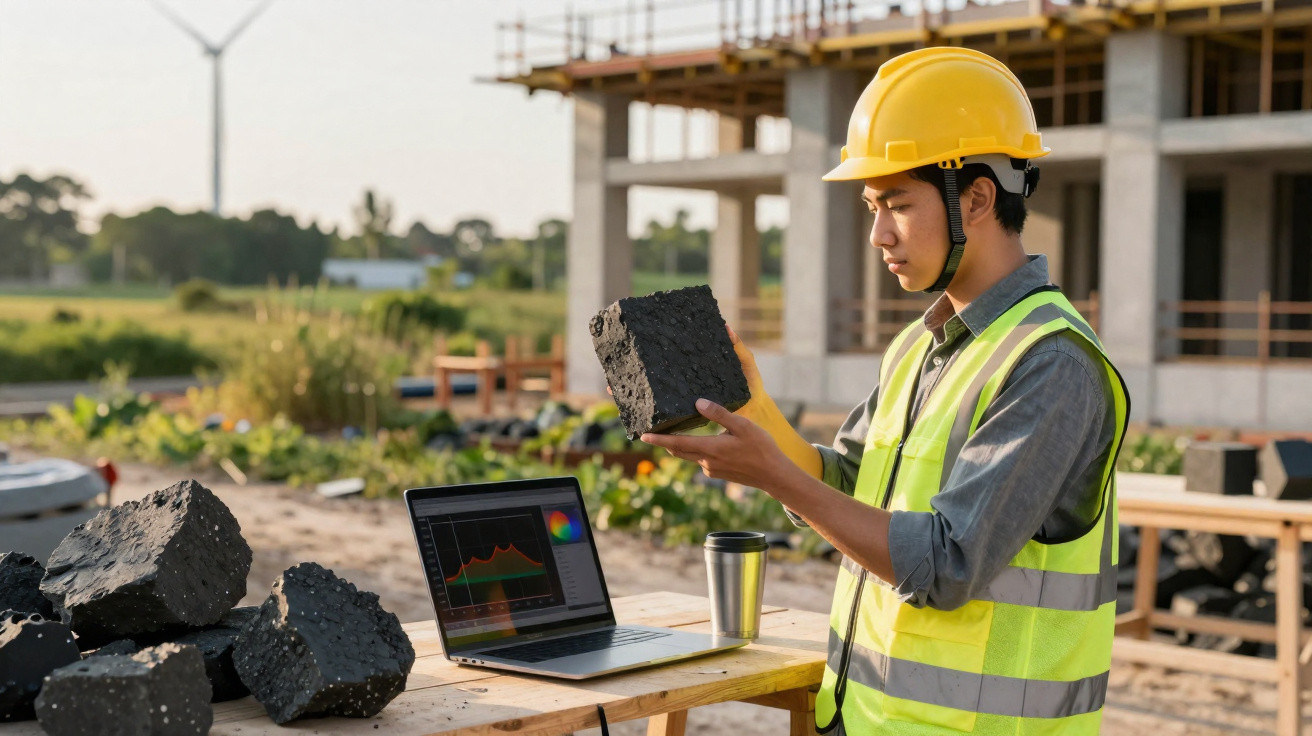 Construction worker in a high-visibility vest and helmet examining a piece of building material at a site.