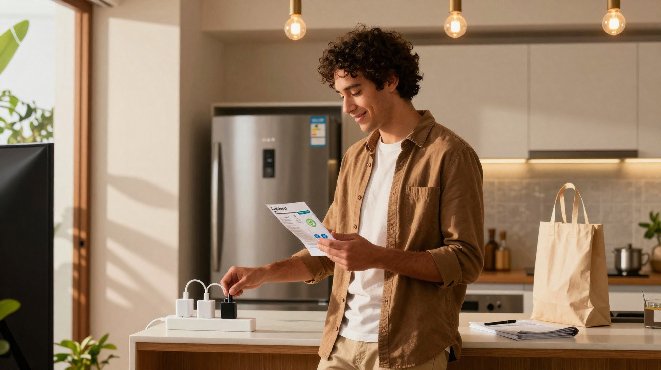 Young man in kitchen plugging device into power strip while holding a paper with charts and smiling.