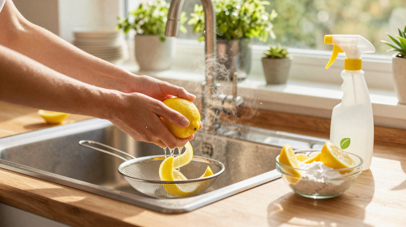 Hands squeezing lemon over a kitchen sink with lemon slices and cleaning spray on the counter.