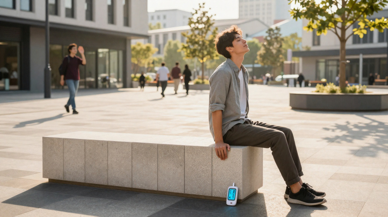 Young man sits on a stone bench in a sunny plaza, relaxing with eyes closed beside a digital device.