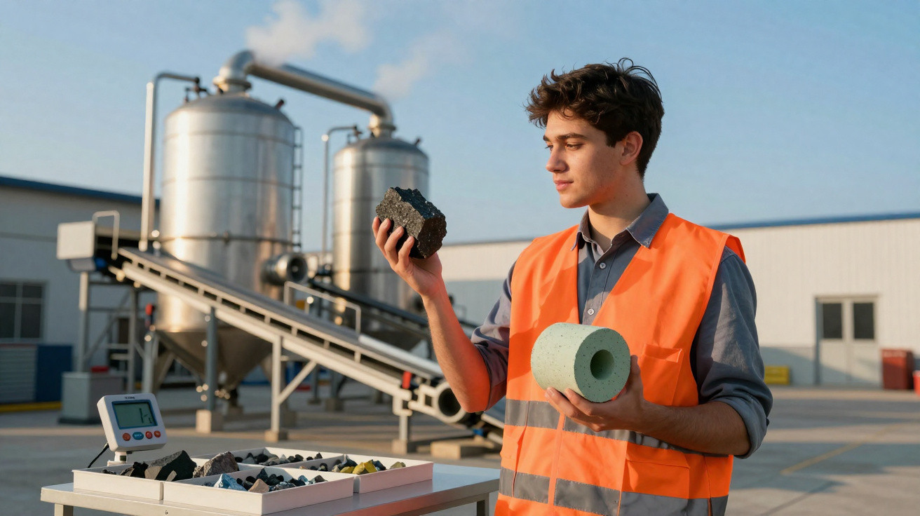 Man in orange safety vest inspecting industrial materials near factory equipment on a sunny day