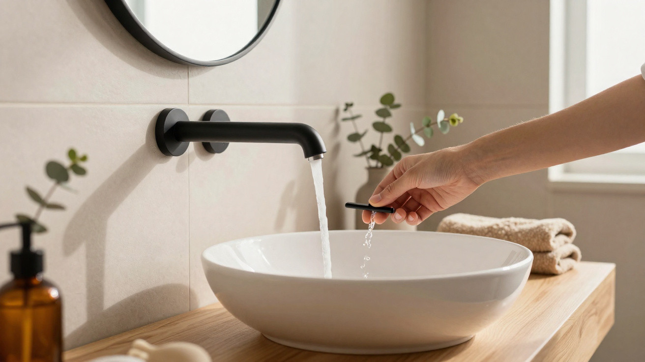 Hand turning on black wall-mounted faucet over white oval basin in a modern bathroom.