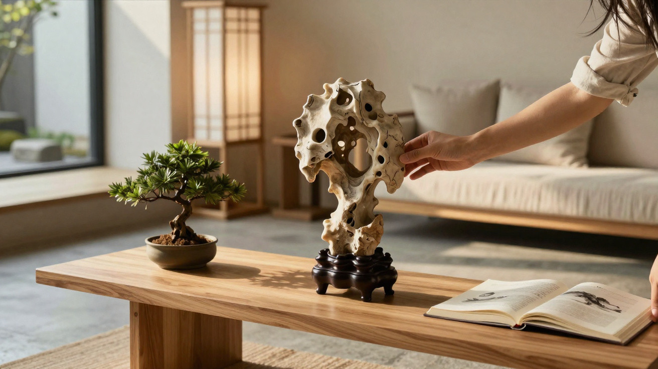 Hand reaching towards abstract stone sculpture on wooden table with bonsai and open book in minimalist living room.