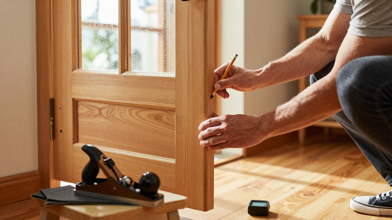 Person marking a wooden doorframe with a pencil during home installation or repair work.