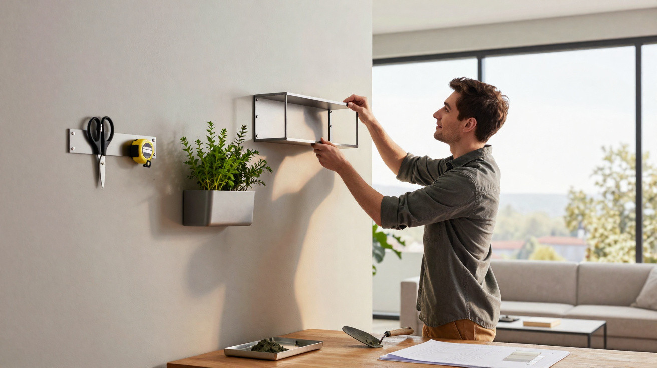 Man assembling wall-mounted storage boxes in a bright modern living room with a large window.