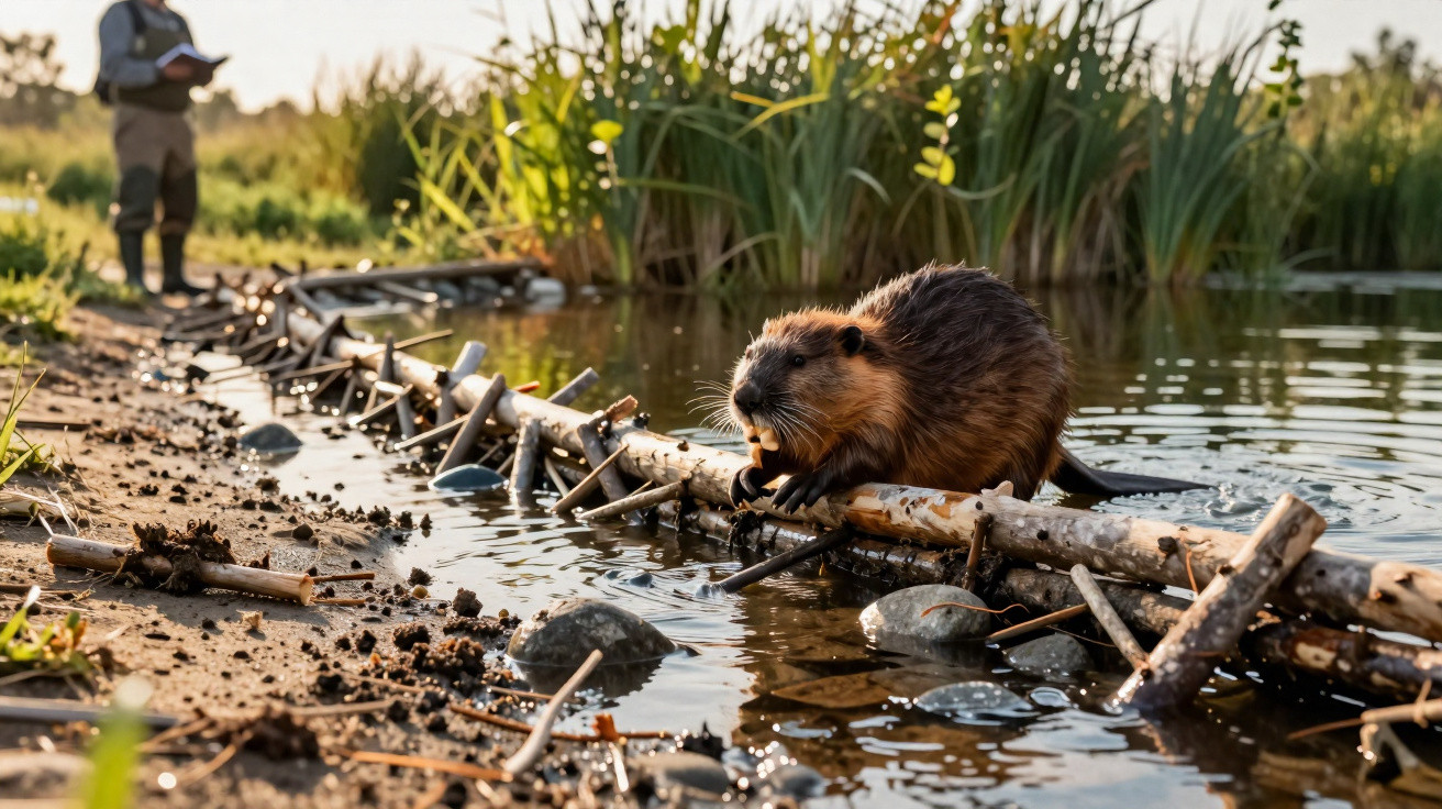 Beaver chewing on a branch by a riverbank with reeds and a person writing in a notebook in the background.