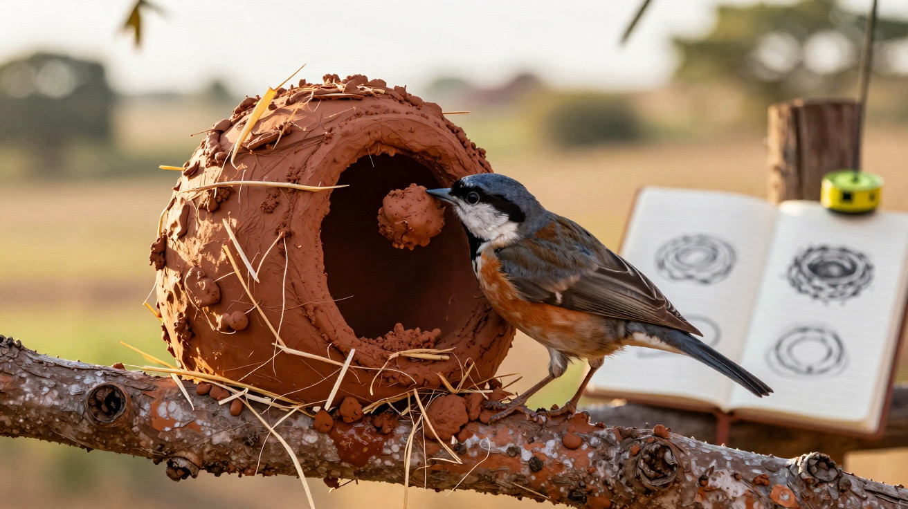 Small bird with blue, white, and orange feathers near a clay birdhouse on a branch, book in the background.