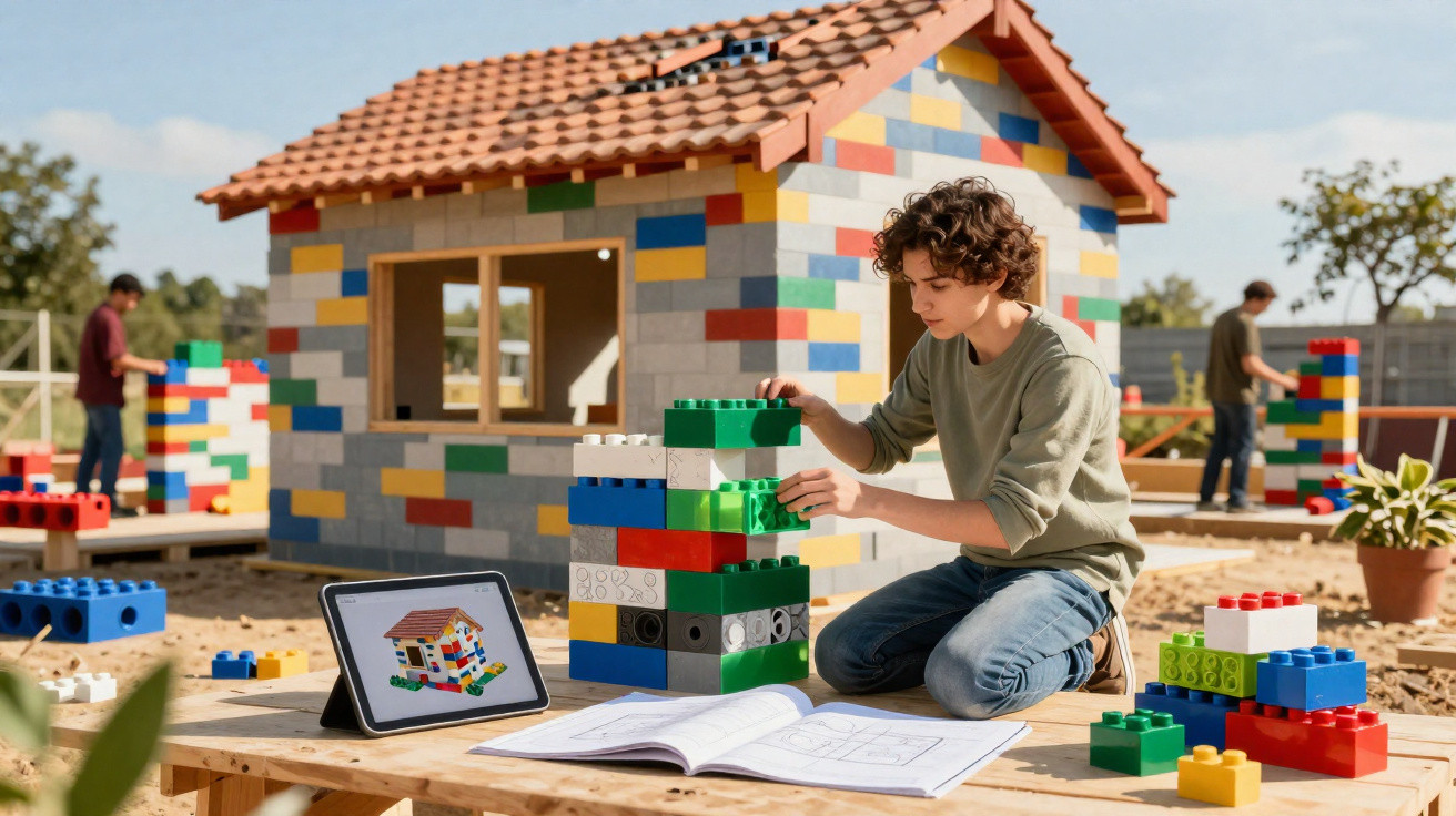 Child building a large colourful block structure with a tablet and architectural plans nearby, next to a block house.