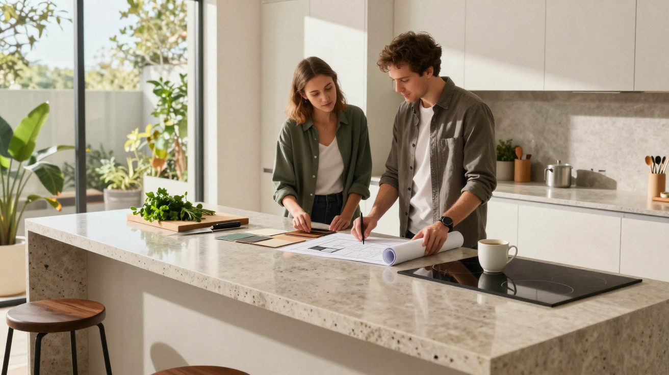 Young couple reviewing home plans together at kitchen island with plants and stools nearby