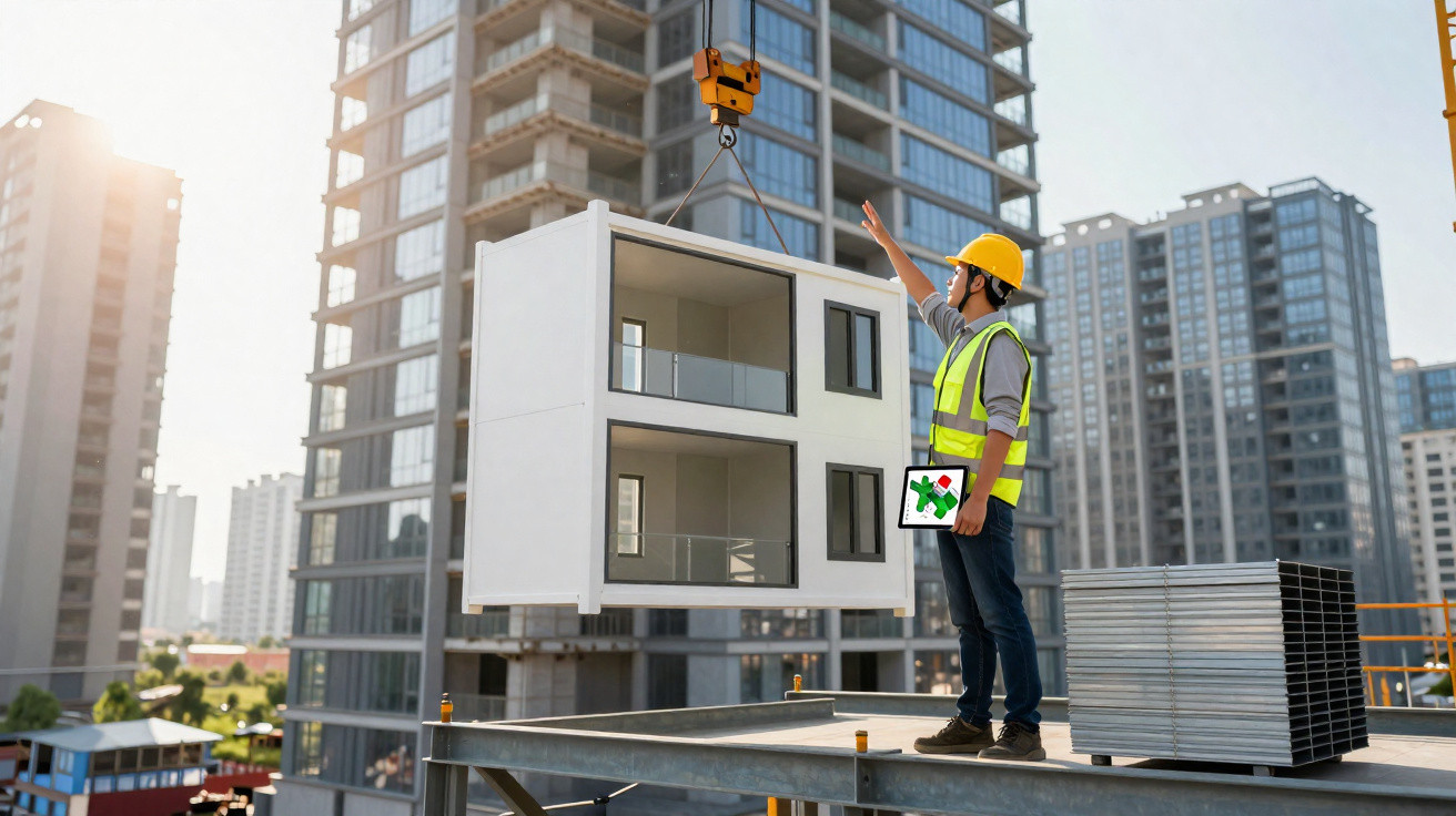 Construction worker with hard hat and tablet guiding a crane lifting a modular building unit at site.