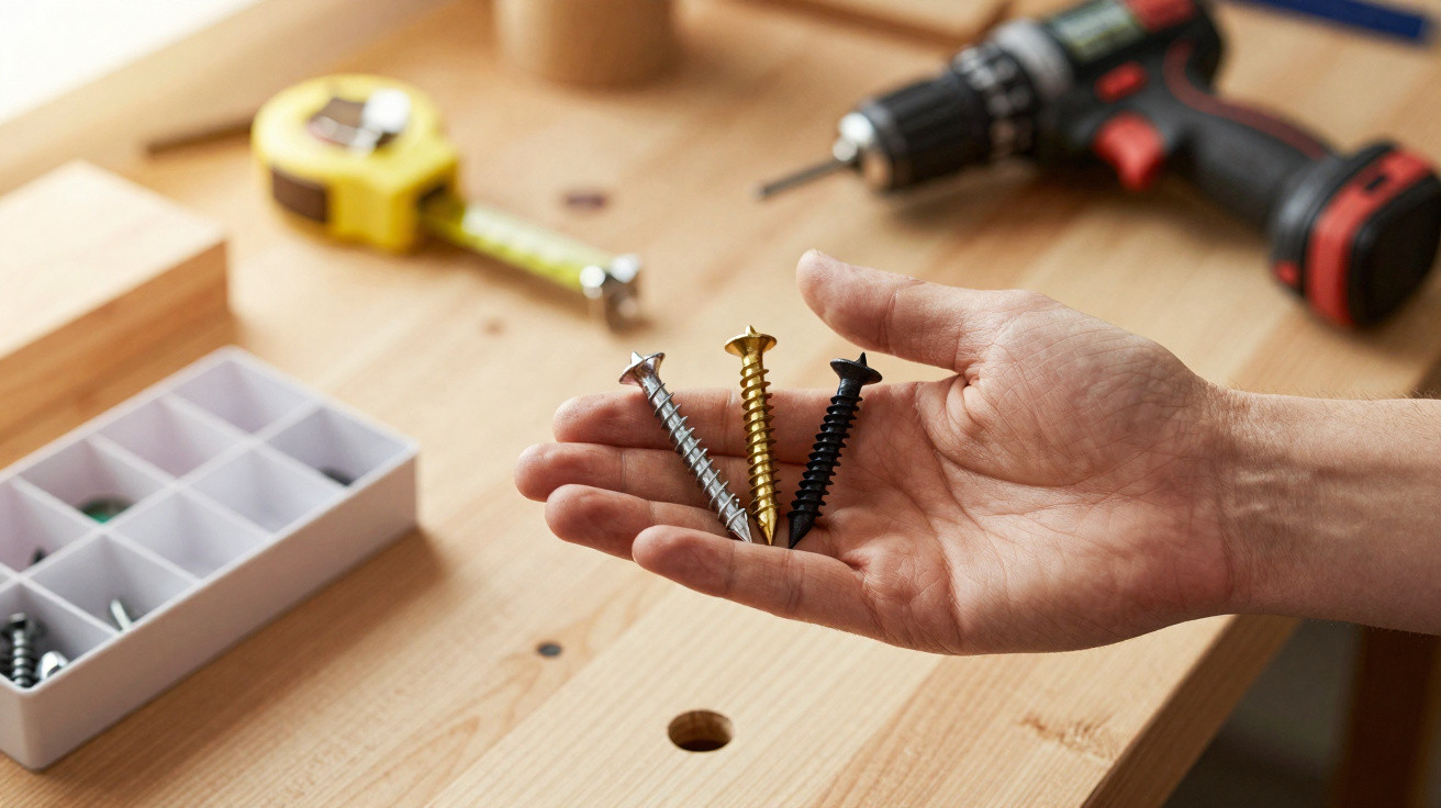 Hand holding three different coloured screws over a wooden workbench with tools in the background.