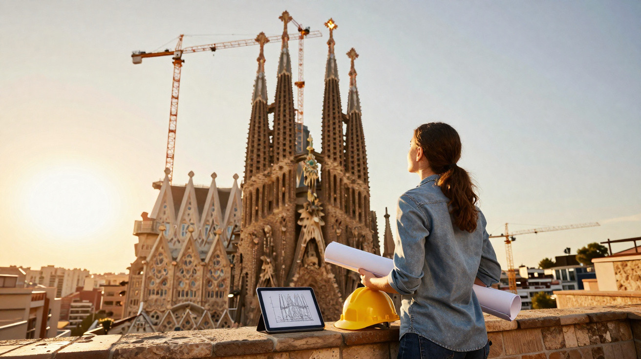 Woman architect with blueprints and hard hat overlooking Sagrada Familia under construction at sunset.