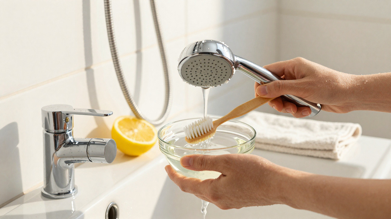 Hands holding a bamboo toothbrush and glass bowl under running water from a showerhead above a bathroom sink with a lemon hal