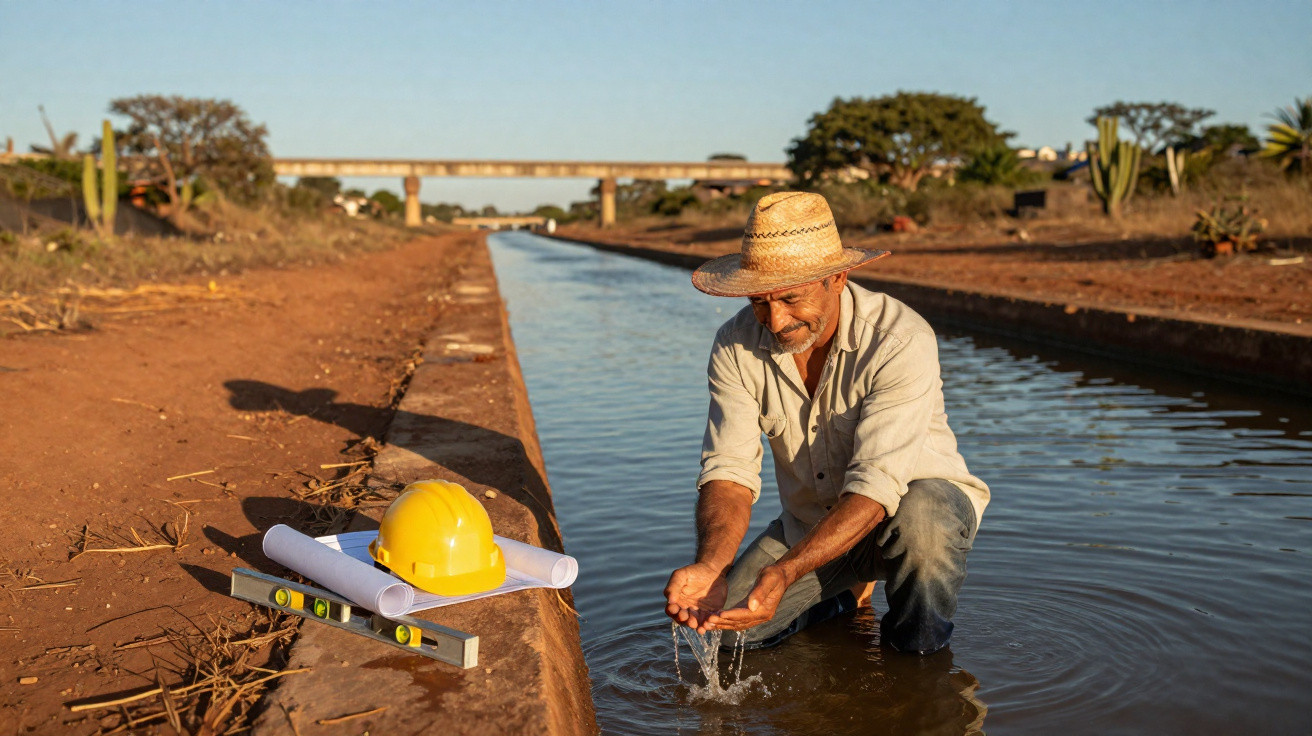 A man wearing a straw hat kneels in a water canal, scooping water with his hands, next to a yellow hard hat and plans.
