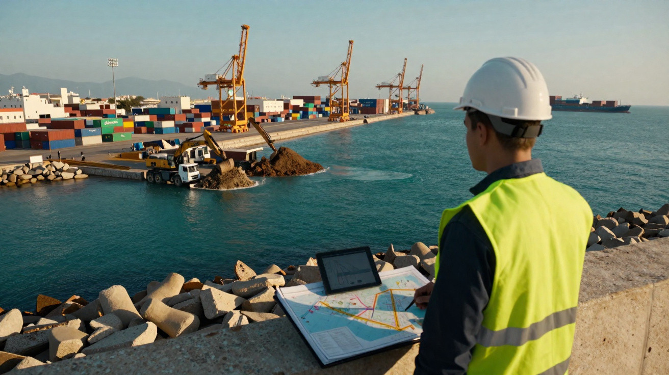 Engineer in hard hat and hi-vis vest reviewing plans at a busy container port with cranes and cargo ships.