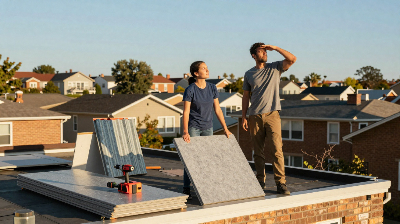 Two people on a flat rooftop holding building materials with houses and trees in the background.