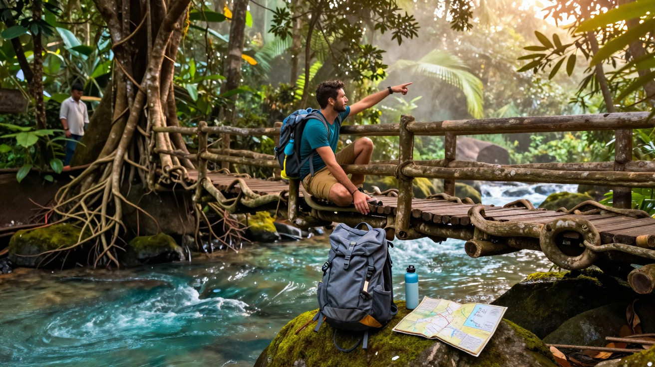 Man with backpack sitting on a rustic wooden bridge over a stream in a lush forest, pointing ahead.