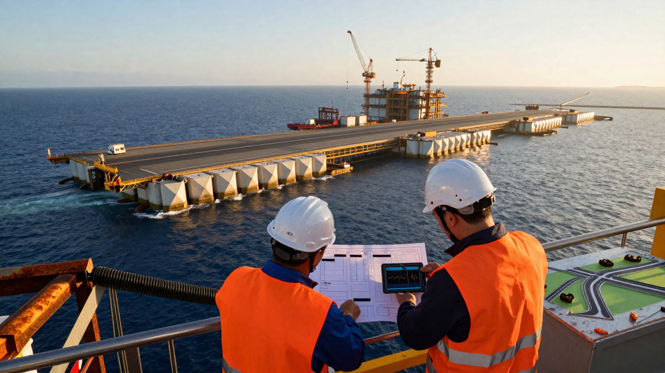 Two construction workers in helmets and orange vests reviewing plans at an offshore bridge construction site.
