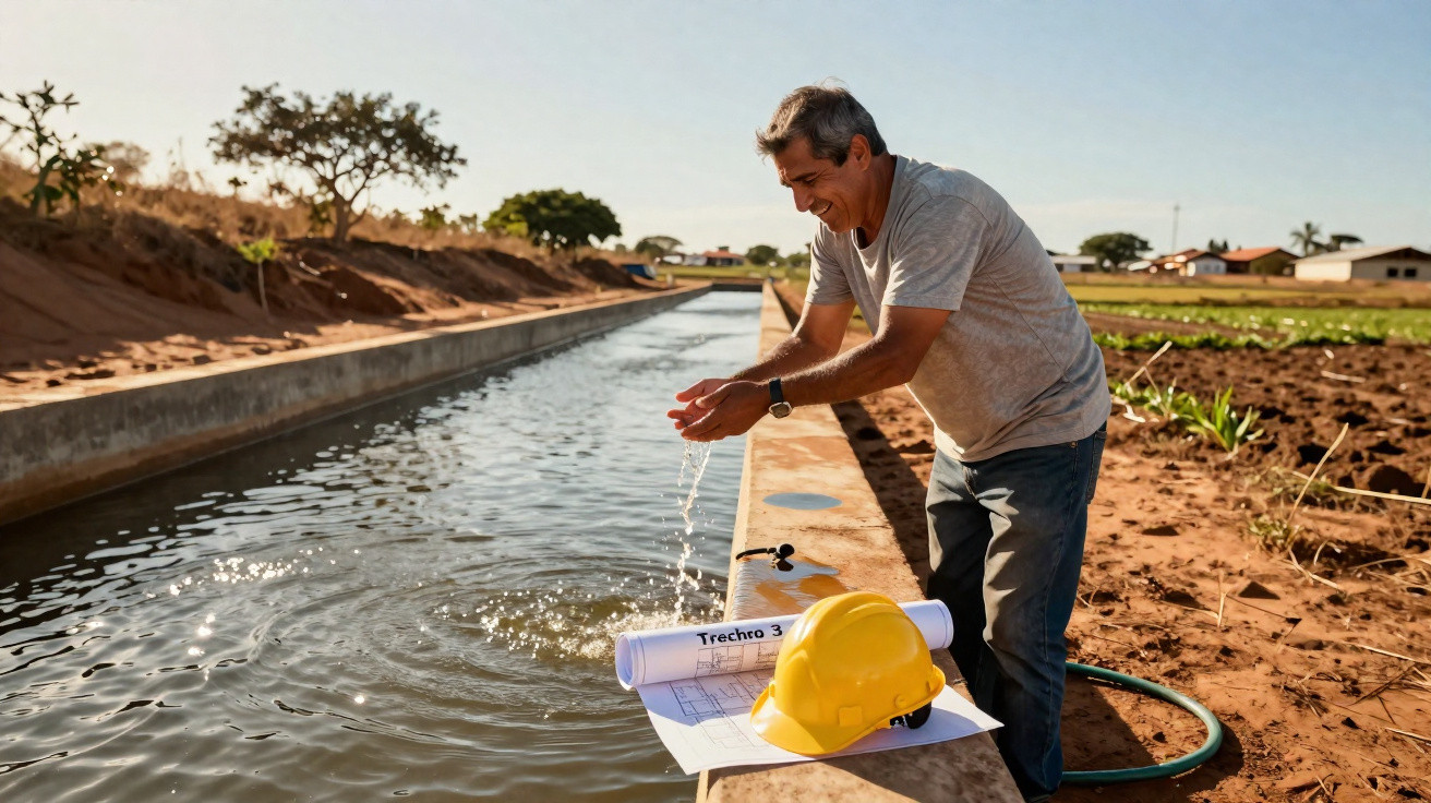 Man testing water quality from irrigation canal with hard hat and blueprints on the side in farmland.