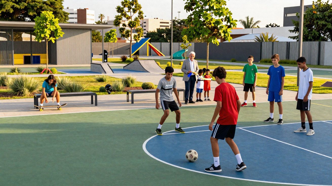 Boys playing football on an outdoor court with a skateboarding girl and adults watching nearby.