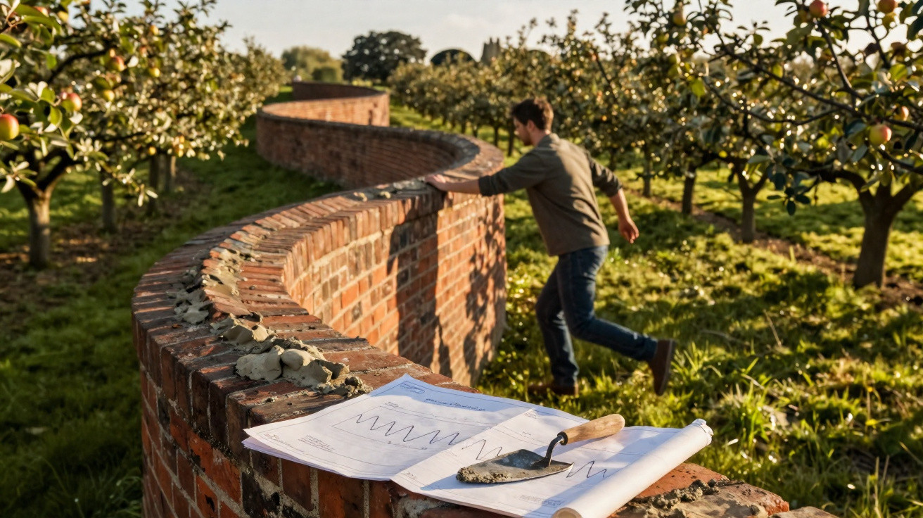 Curved brick wall under construction in an orchard with a man working and trowel on plans in foreground.