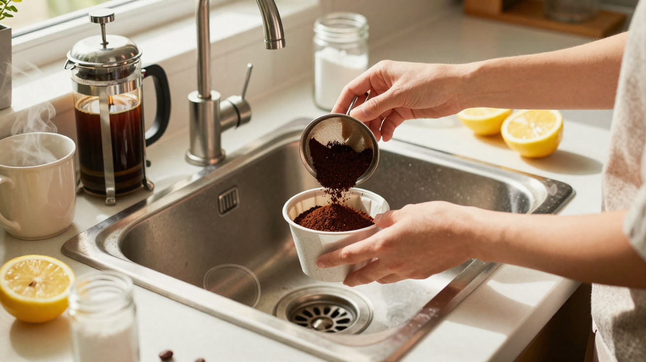 Person pouring used coffee grounds into a compost bin over a kitchen sink with coffee and lemon nearby.