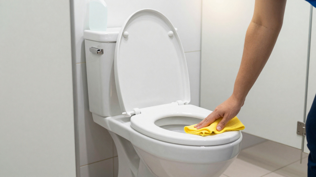 Person cleaning the rim of a white toilet with a yellow cloth in a bathroom.