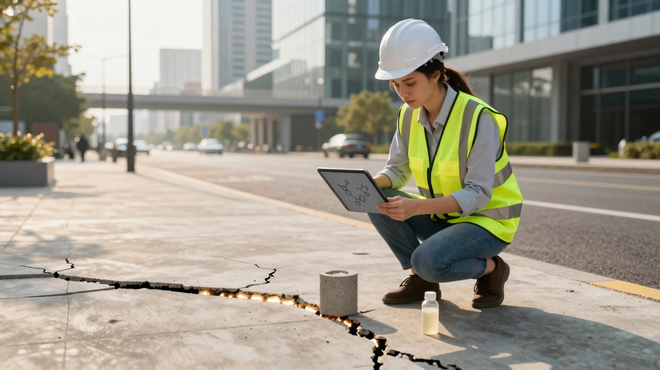 Engineer in a hard hat and high-visibility vest examining a cracked pavement with a tablet on a city street.
