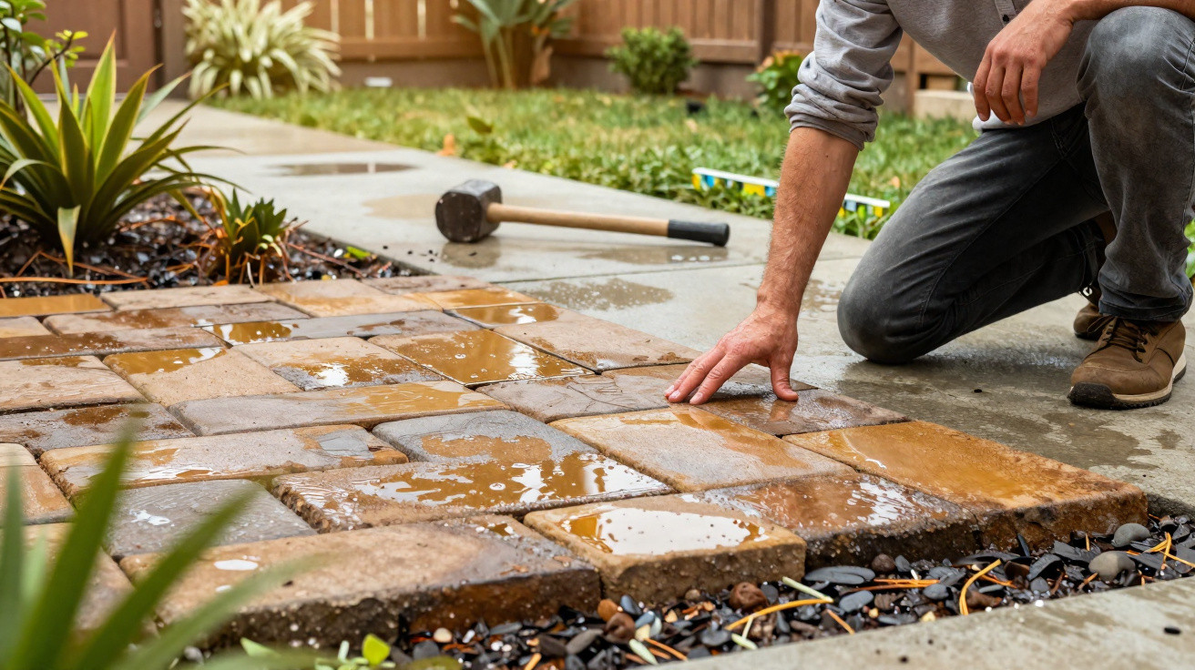 Person installing wet stone paving slabs in a garden next to a mallet and plants.