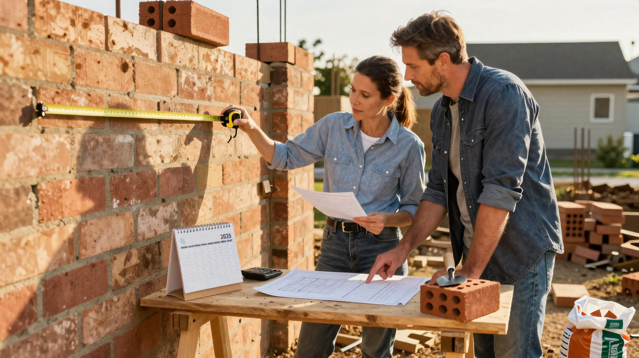 Two people measuring and reviewing blueprints at a construction site with a partially built brick wall.